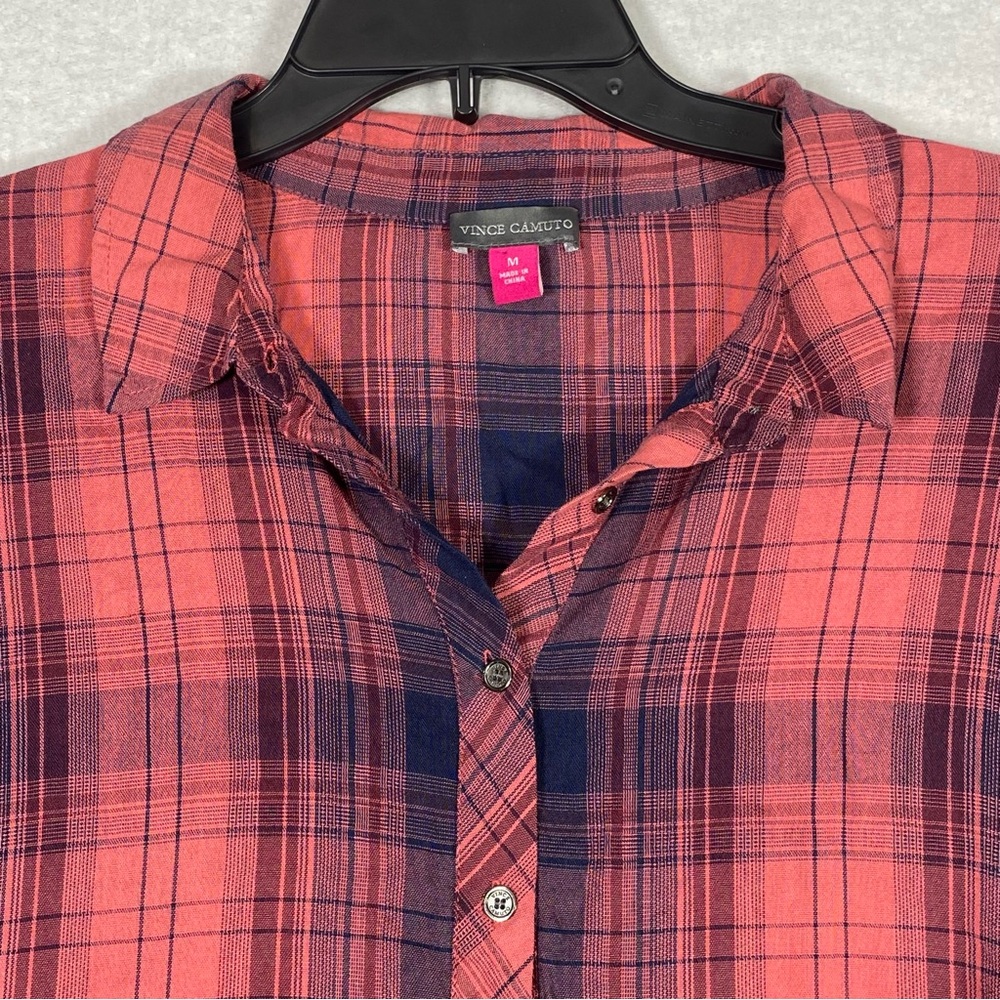 Vince Camuto Plaid Peplum Blouse Women's M Red Blue Frayed Hem Long Sleeve Flowy - Picture 5 of 15
